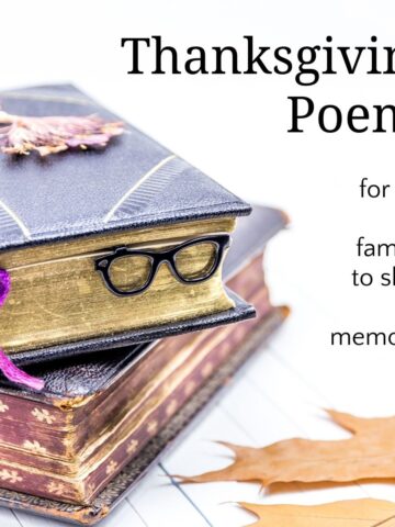 Thanksgiving poems and stack of books with leaf