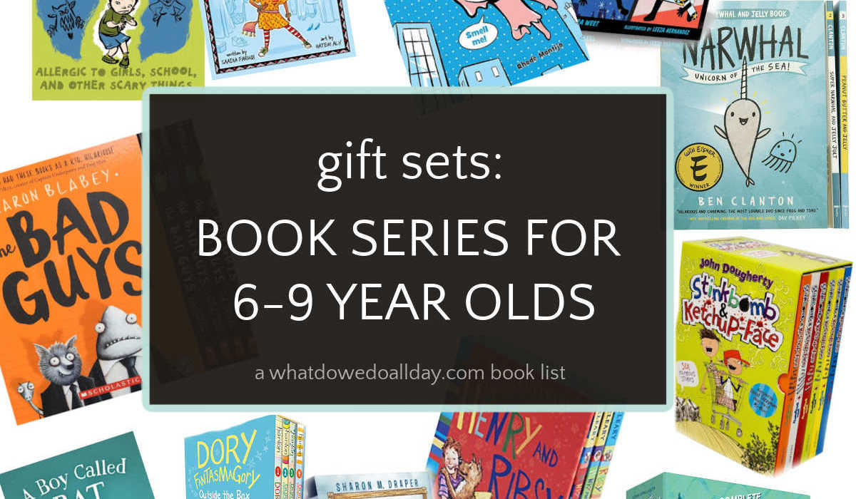 Collage of book covers and sets and text box overlay "gift sets: book series for 6-9 year olds"