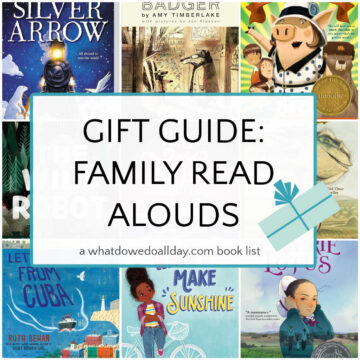 Collage of book covers with text overlay that reads, Gift Guide: Family Read Aloud Books.