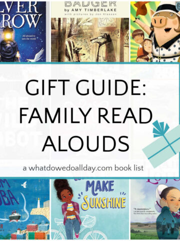 Collage of book covers with text overlay that reads, Gift Guide: Family Read Aloud Books.