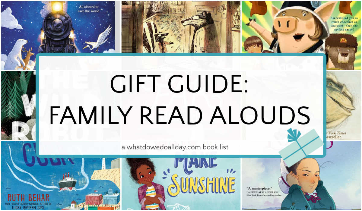 Collage of book covers with text overlay that reads, Gift Guide: Family Read Aloud Books.