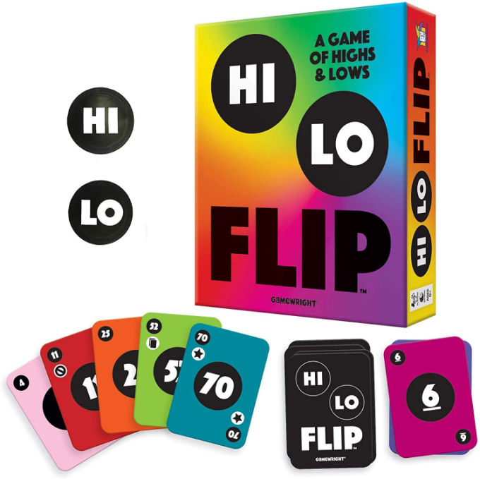 Hi Lo Flip game box and colorful cards