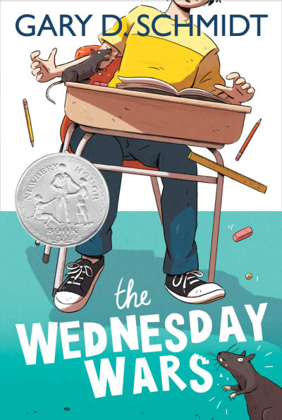 the wednesday wars book cover showing boy at school desk falling over