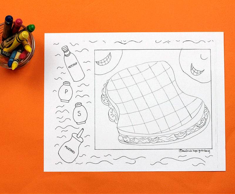 blank sandwich coloring page with crayons