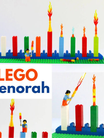 Collage of LEGO menorah photographs, with text overlay, "LEGO menorah."