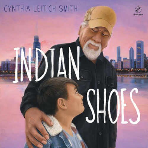 Indian Shoes, audiobook cover with illustration of grandfather putting his arm around child.