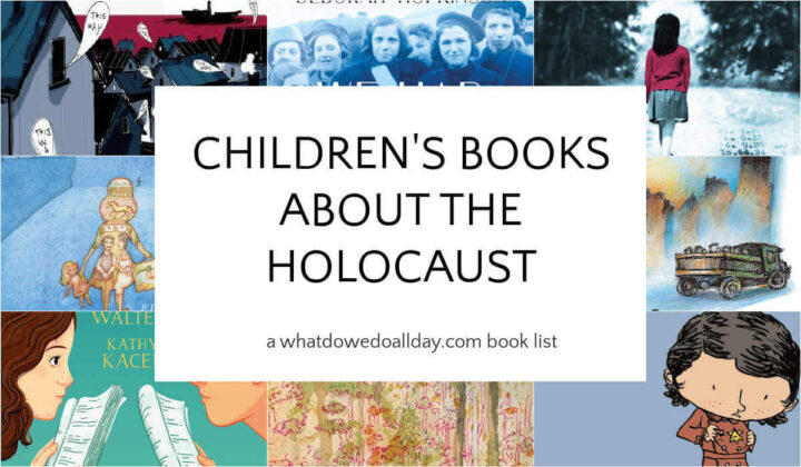 Collage of picture book covers with text overlay, Children's Books about the Holocaust