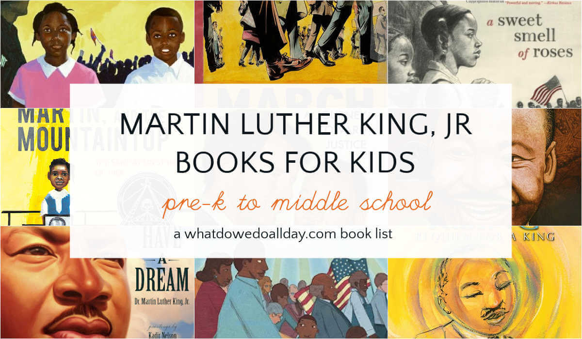 Grid of children's book covers with text overlay, Martin Luther King, Jr. Books for Kids. 