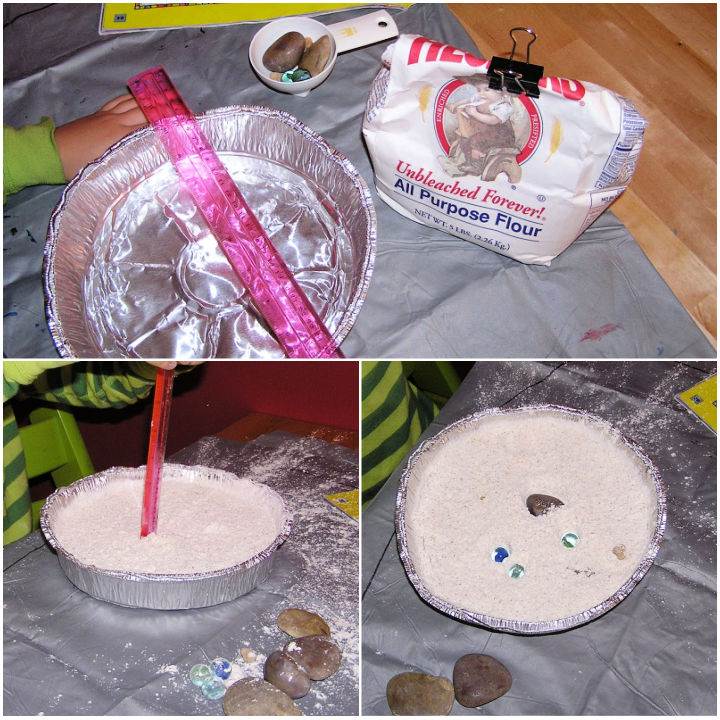 Collage of photos showing supplies for moon crater project; pan of flour with several stones in it; child measuring height of flour in pan with ruler.