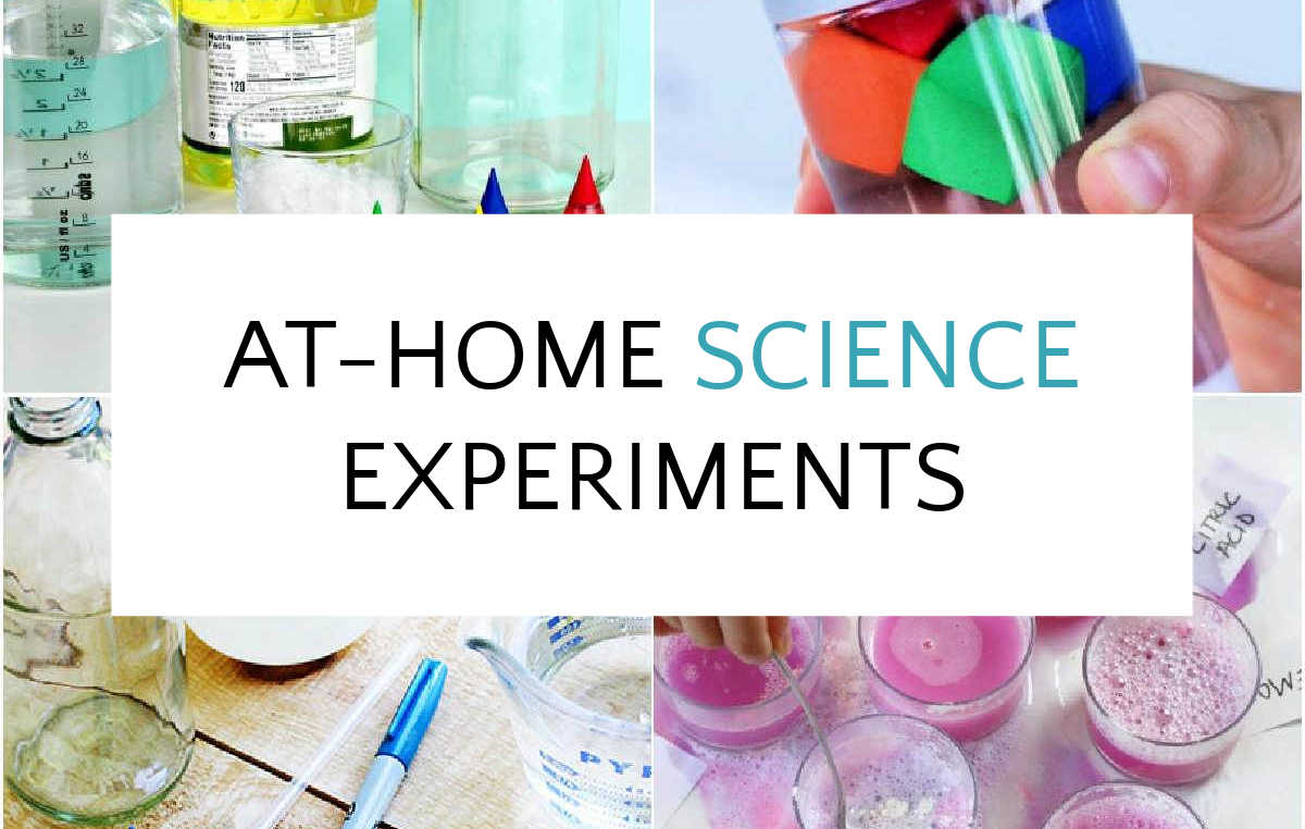Collage of science experiment materials with text overlay, "At-home science experiments".