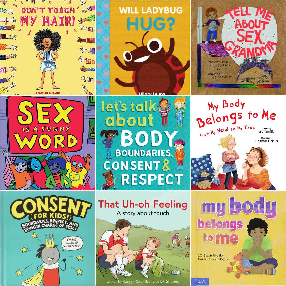 collage of children's picture books about consent