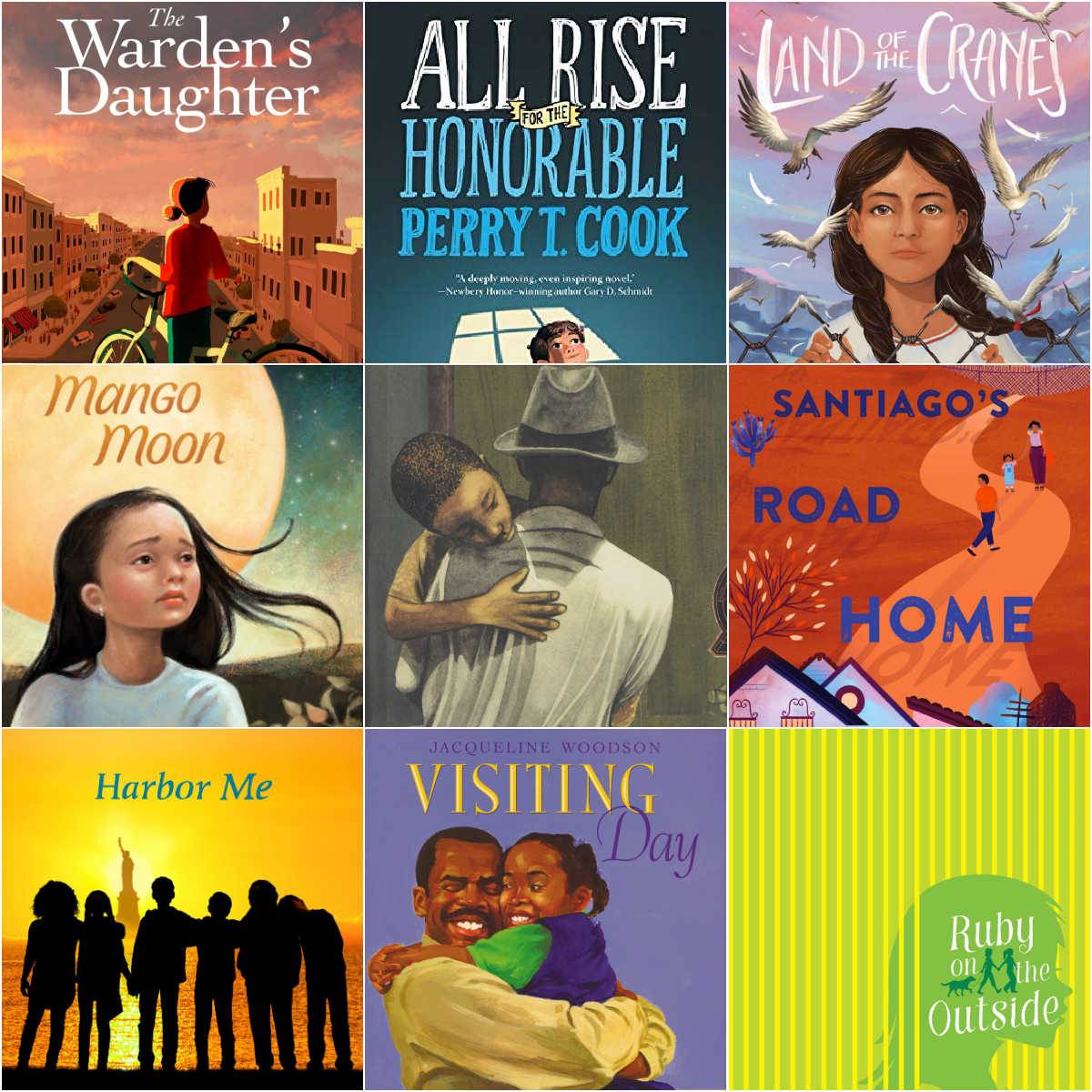 collage of book covers of kids books about incarceration and detention