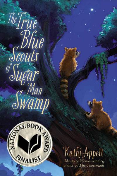 True Blue Scouts of Sugar Man Swamp book cover showing two raccoons in a tree