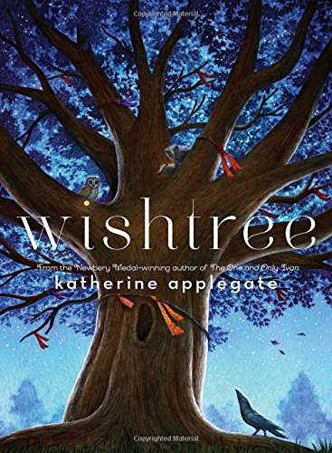 Wishtree book cover showing tree with red ribbons agains blue sky