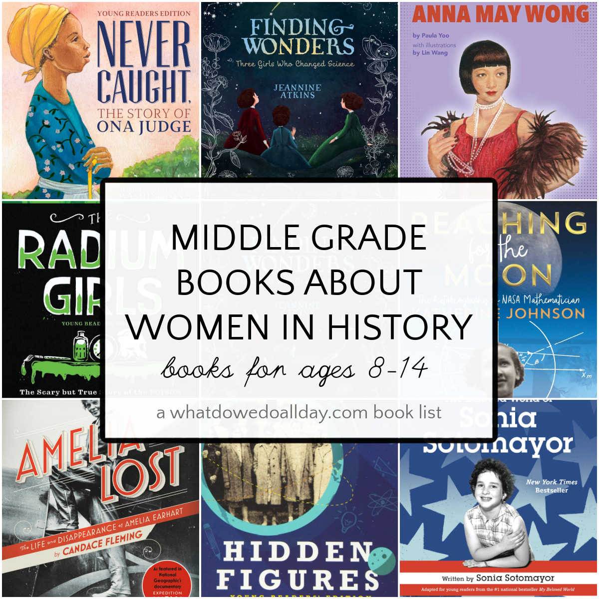 collage of books for women's history month for ages 8 and up