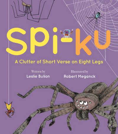 Spi-ku poems about spiders book cover showing spiders on purple background 