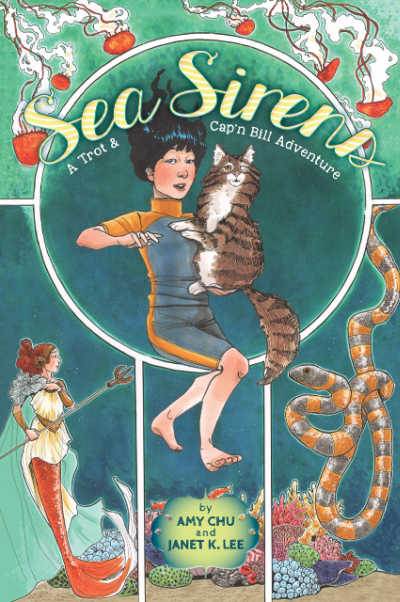 Sea Sirens graphic novel book cover showing Vietnamese girl and cat under water