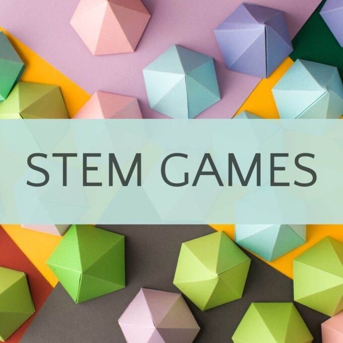 stem games on background of colorful 3d shapes