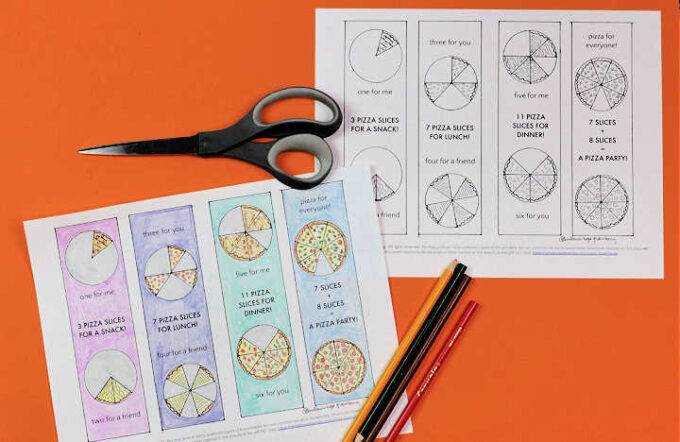 coloring page pizza party bookmarks with pencils and scissors on orange background