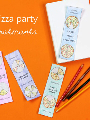 pizza party bookmarks and white book on orange background