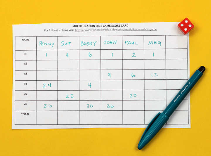 multiplication dice game scorecard with pen and red die
