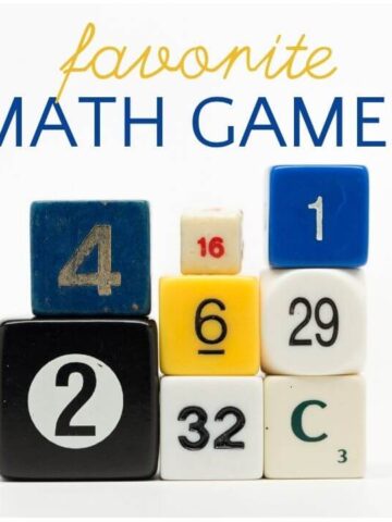 math dice stacked up with text "favorite math games"