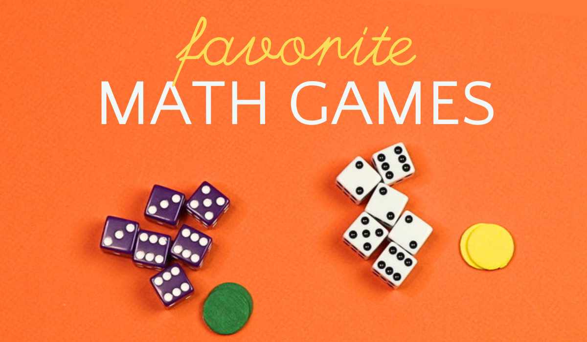 White and purple dice with text overlay, favorite Math Games.