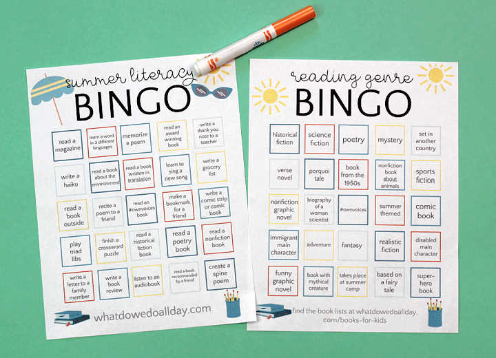 two different reading bingo cards and orange pen
