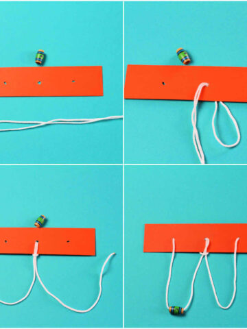 Collage of four steps to make a bead and string puzzle using orange board with three holes, multicolored bead and long piece of white string.
