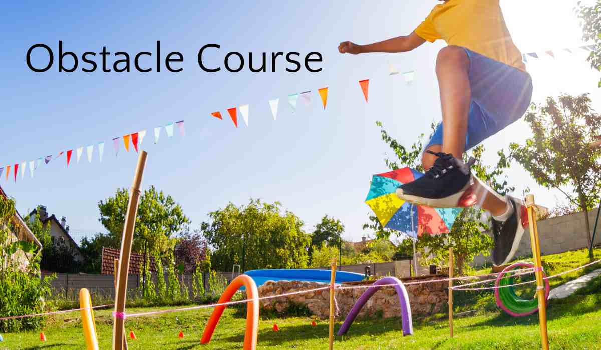 Homemade obstacle course with boy jumping over pool noodles.