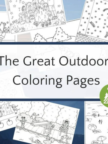 collage of outdoor coloring page on blue mountain background