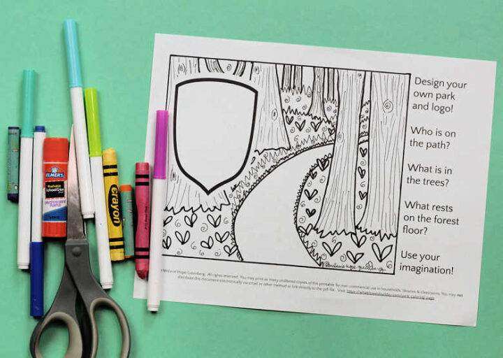 Blank park coloring page with crayons, pens, scissors and glue