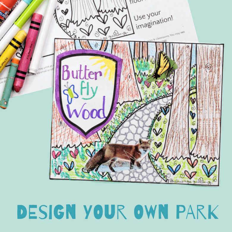 Park coloring page in color with blank page and crayons