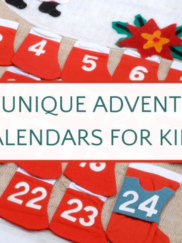 Fabric advent calendar with text overlay, "unique advent calendars for kids"