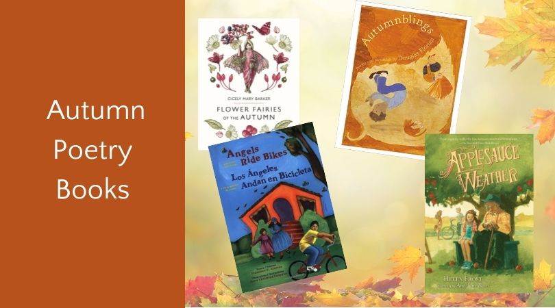 Four poetry book covers on faded leaf background with text "autumn poetry books"
