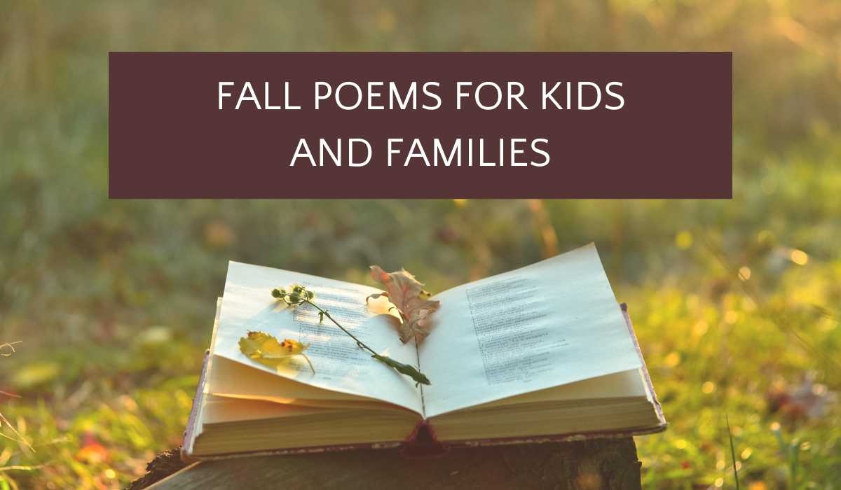 Open book in autumn grass with text, "Fall poems for kids and families".