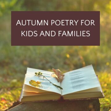 Open book in autumn grass with text autumn poetry for kids and families