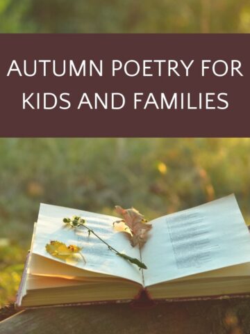 Open book in autumn grass with text autumn poetry for kids and families