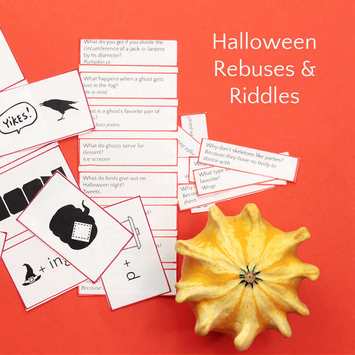 Halloween riddles on paper with gourd on orange background