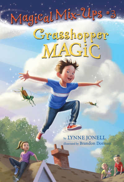 Grasshopper Magic book cover showing boy jumping over roofs.