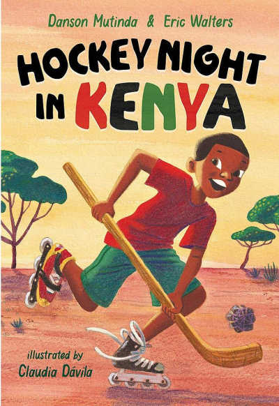 Hockey Night in Kenya book cover featuring boy on roller blades and hockey stick