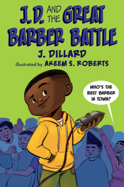 JD and the great Barber Battle book cover featuring boy holding hair cutters
