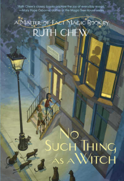 No Such Thing as a Witch early chapter book cover showing street at night time with children at door of house