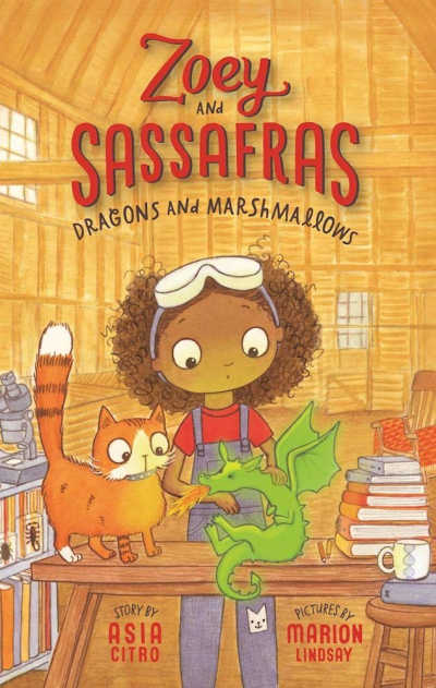 Zoey and Sassafras book cover showing girl with cat and small dragon in room full of books