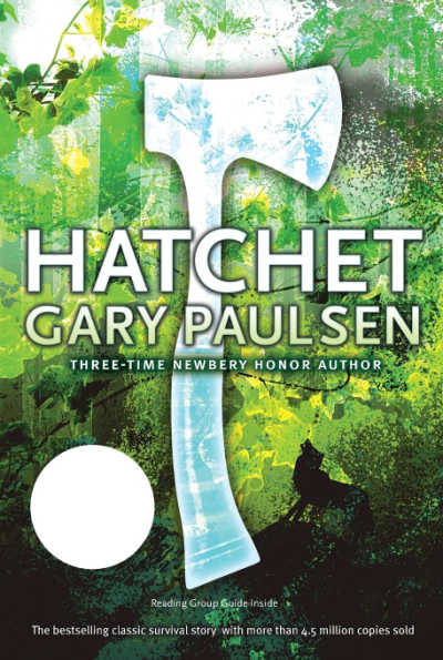 Hatchet book cover showing silver hatchet on green forest background