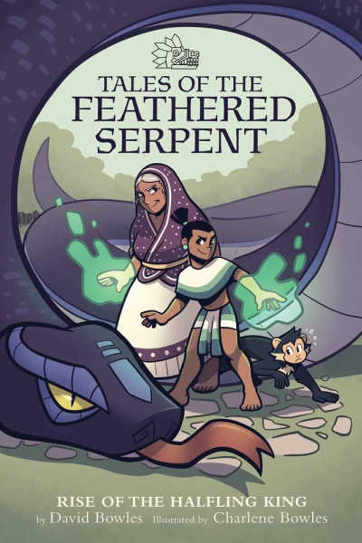 Rise of the Halfling King book cover showing woman and two children with large purple serpent