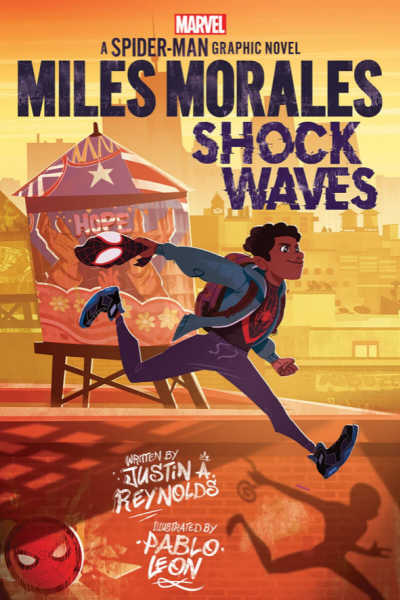 Miles Morales Shock Waves book cover showing Black boy running across landscape