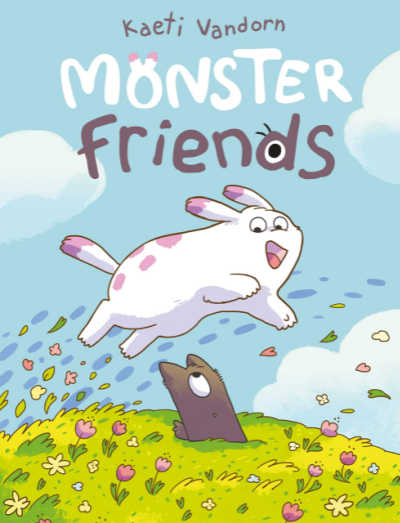 Monster Friends book cover showing bunny-like creature jumping over brown animal in grass