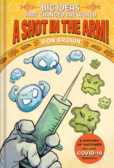 A Shot in the Arm book cover showing comic-style syringe and germs