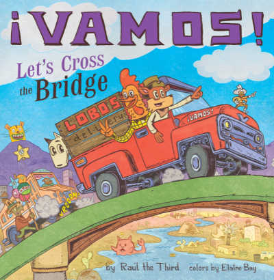 Vamos Let's Cross the Bridge book cover showing animals in a red truck